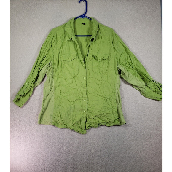 Linen Blend Shirt Womens 2X Green Roll Tab Sleeve Flap Pockets Button-Up - Picture 1 of 13